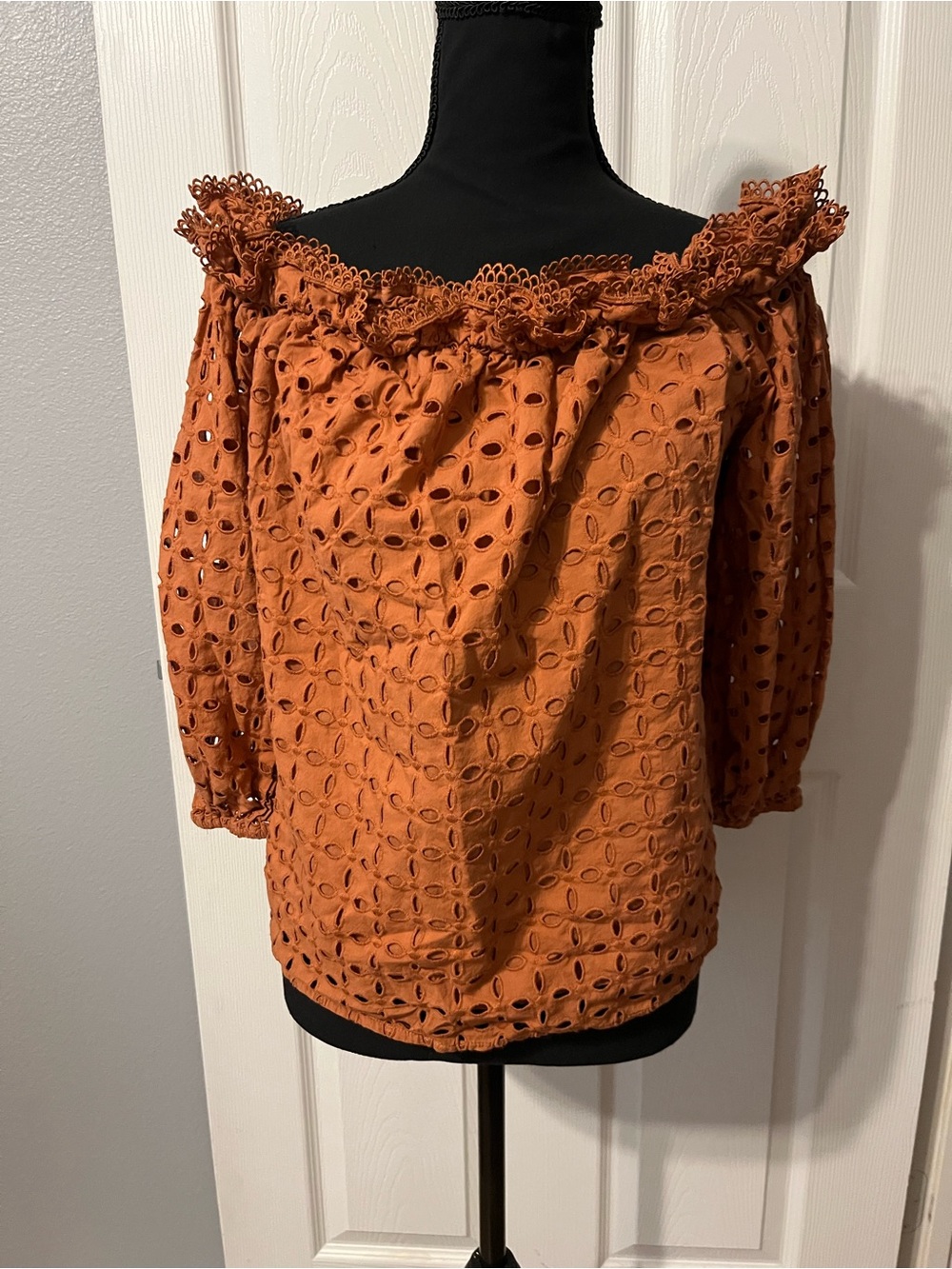 Women’s Off-Shoulder Eyelet Blouse - Burnt Orange